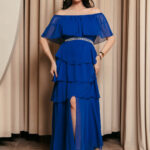 Φόρεμα maxi Off shoulder με βολάν μπλε ρουά