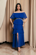 Φόρεμα maxi Off shoulder με βολάν μπλε ρουά