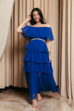 Φόρεμα maxi Off shoulder με βολάν μπλε ρουά