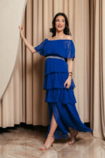 Φόρεμα maxi Off shoulder με βολάν μπλε ρουά