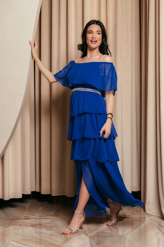 Φόρεμα maxi Off shoulder με βολάν μπλε ρουά