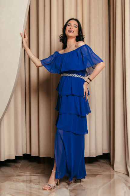Φόρεμα maxi Off shoulder με βολάν μπλε ρουά