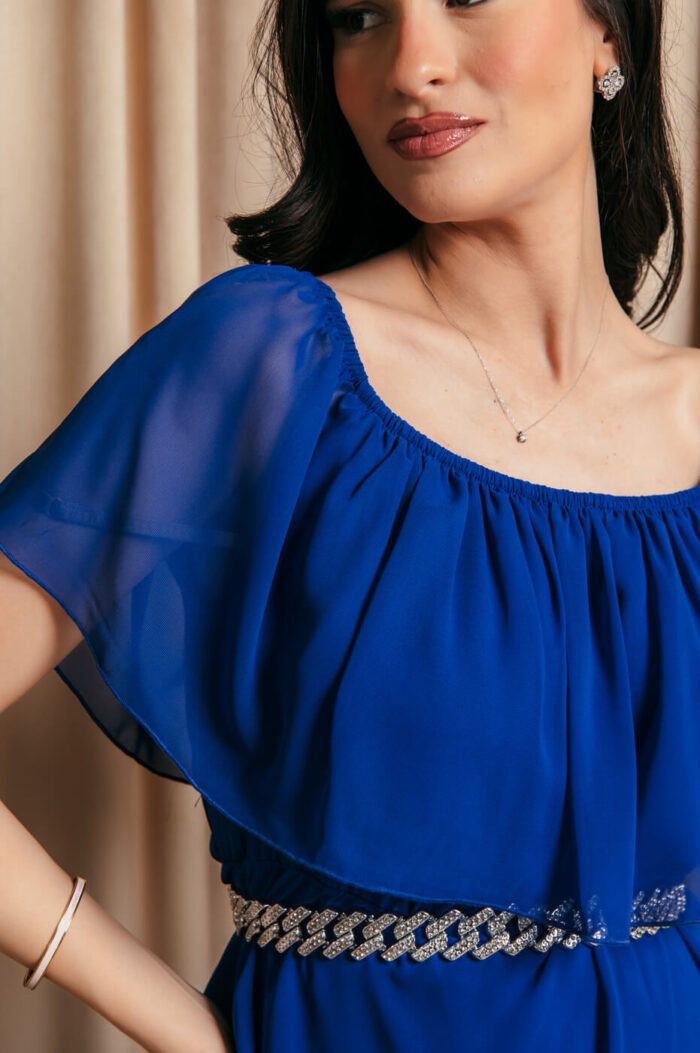 Φόρεμα maxi Off shoulder με βολάν μπλε ρουά