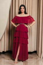 Φόρεμα maxi Off shoulder με βολάν βουργουνδί