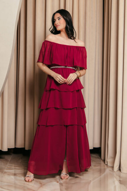 Φόρεμα maxi Off shoulder με βολάν βουργουνδί