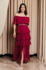 Φόρεμα maxi Off shoulder με βολάν βουργουνδί