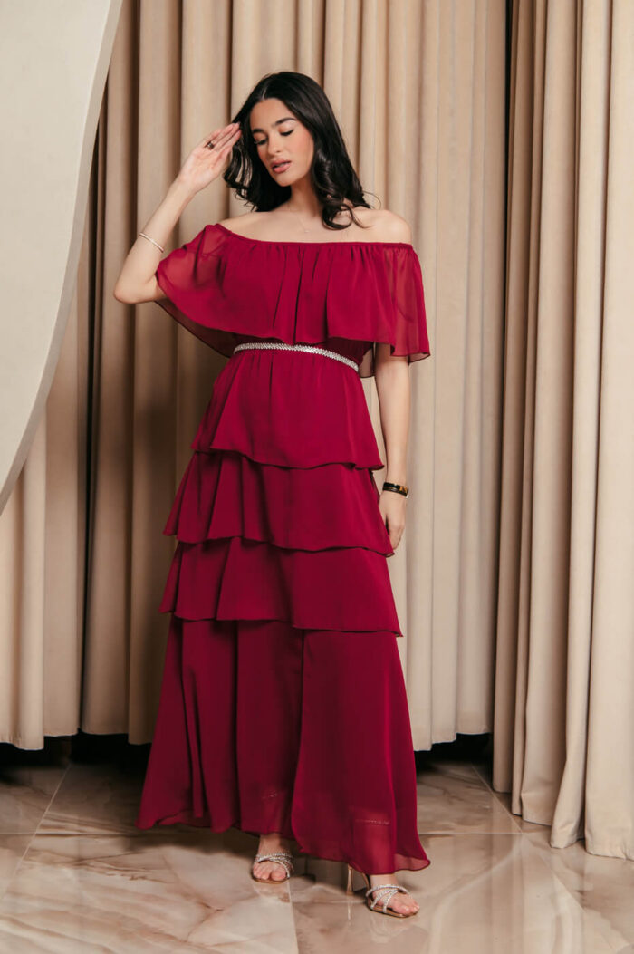 Φόρεμα maxi Off shoulder με βολάν βουργουνδί - Image 18