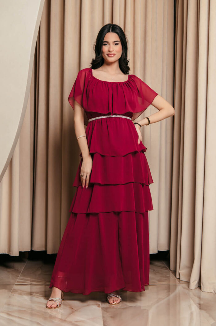 Φόρεμα maxi Off shoulder με βολάν βουργουνδί