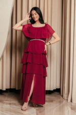 Φόρεμα maxi Off shoulder με βολάν βουργουνδί
