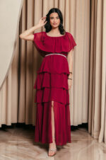 Φόρεμα maxi Off shoulder με βολάν βουργουνδί