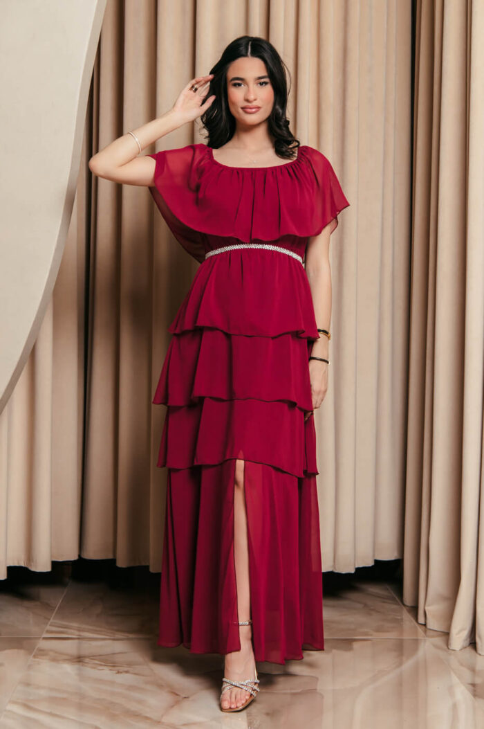 Φόρεμα maxi Off shoulder με βολάν βουργουνδί