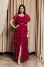 Φόρεμα maxi Off shoulder με βολάν βουργουνδί