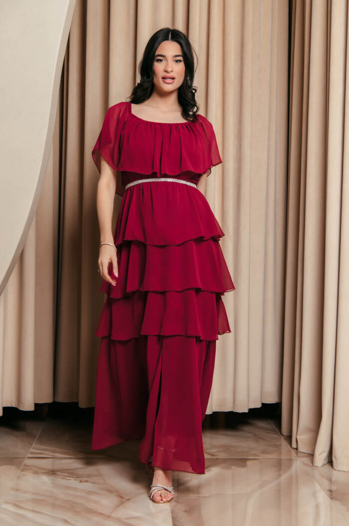 Φόρεμα maxi Off shoulder με βολάν βουργουνδί