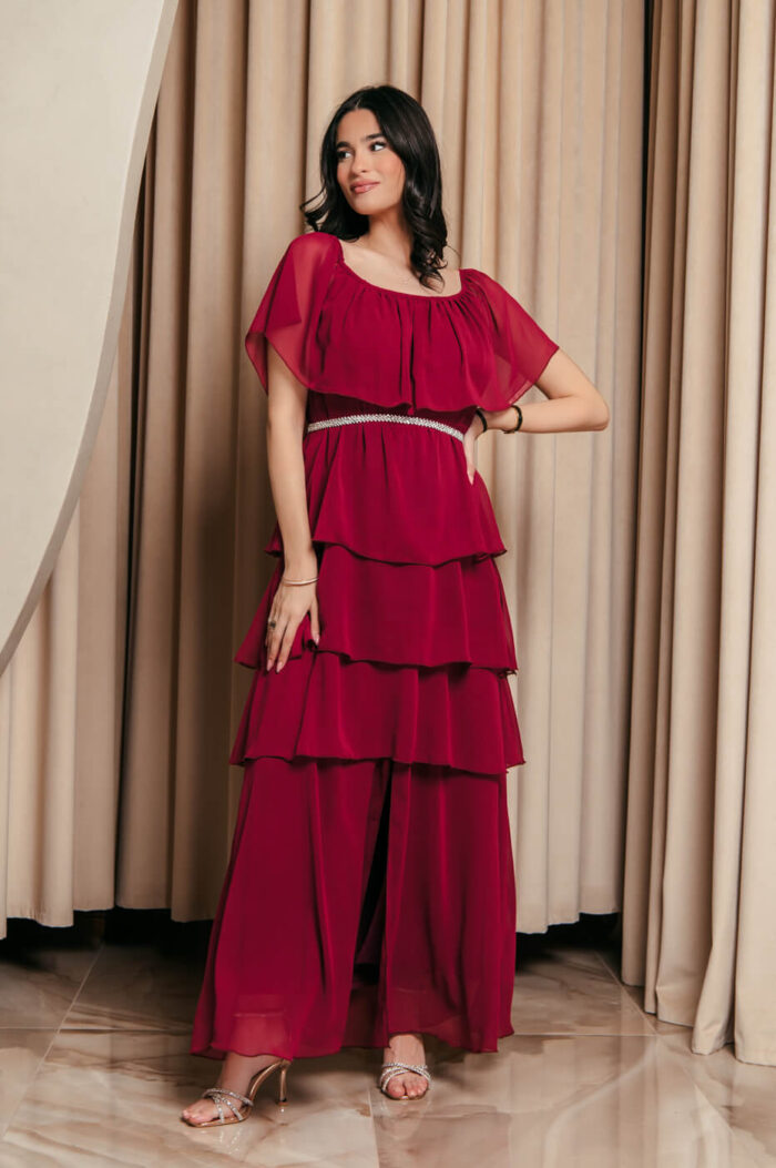 Φόρεμα maxi Off shoulder με βολάν βουργουνδί