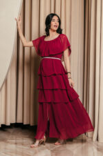 Φόρεμα maxi Off shoulder με βολάν βουργουνδί