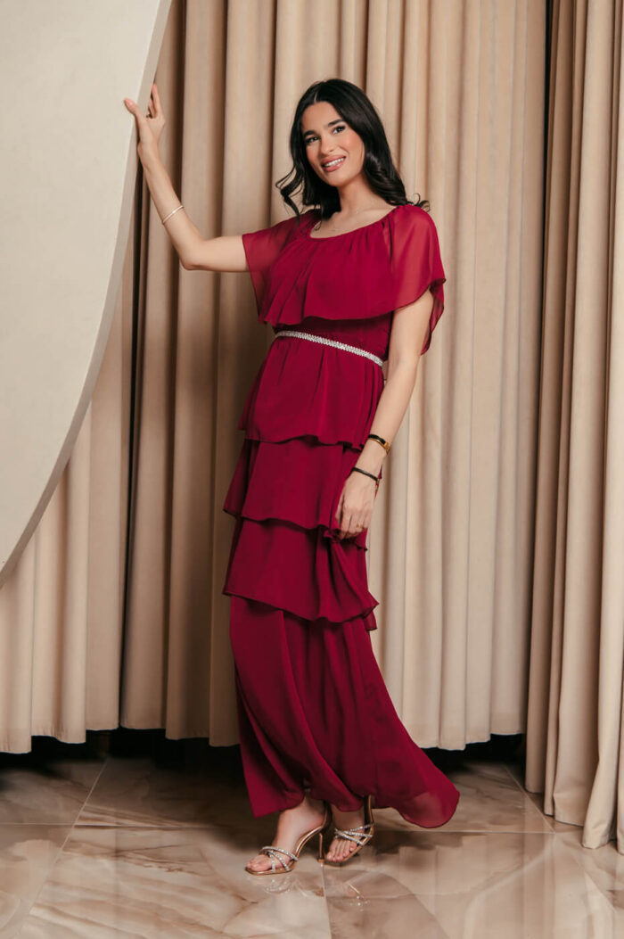 Φόρεμα maxi Off shoulder με βολάν βουργουνδί