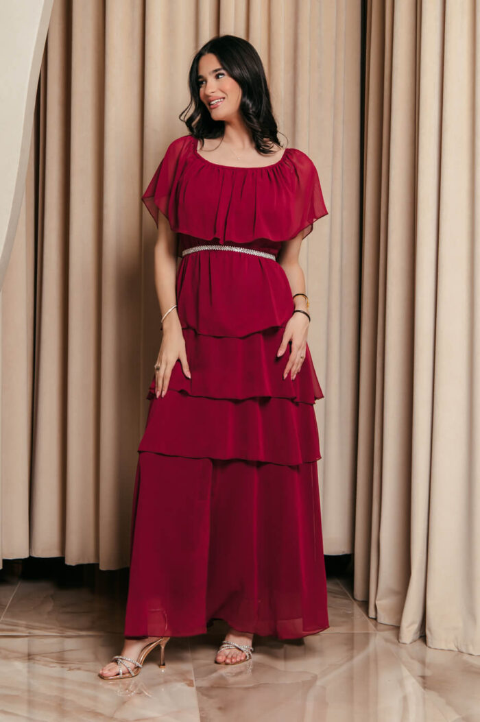 Φόρεμα maxi Off shoulder με βολάν βουργουνδί