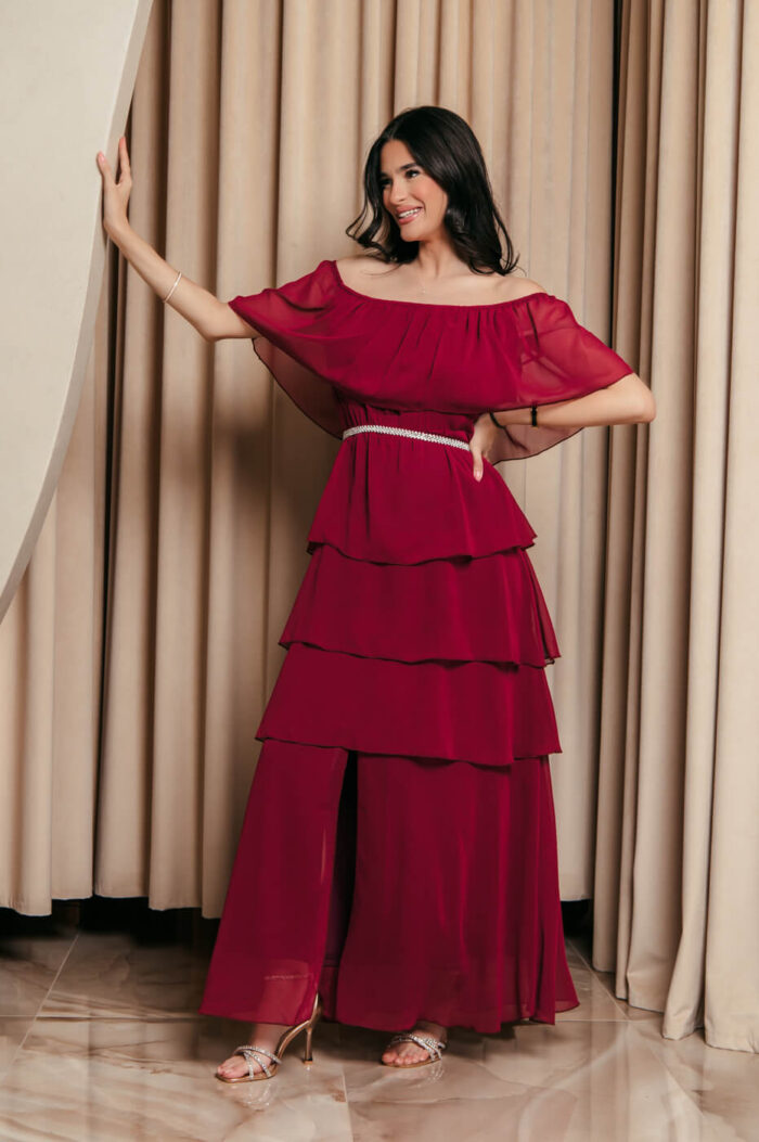 Φόρεμα maxi Off shoulder με βολάν βουργουνδί