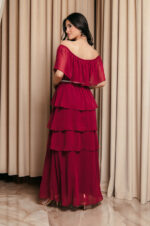 Φόρεμα maxi Off shoulder με βολάν βουργουνδί
