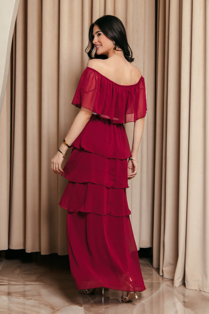 Φόρεμα maxi Off shoulder με βολάν βουργουνδί