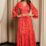 Σετ μπλούζα-φούστα με λαχούρ και χρυσοτυπία πορτοκαλί