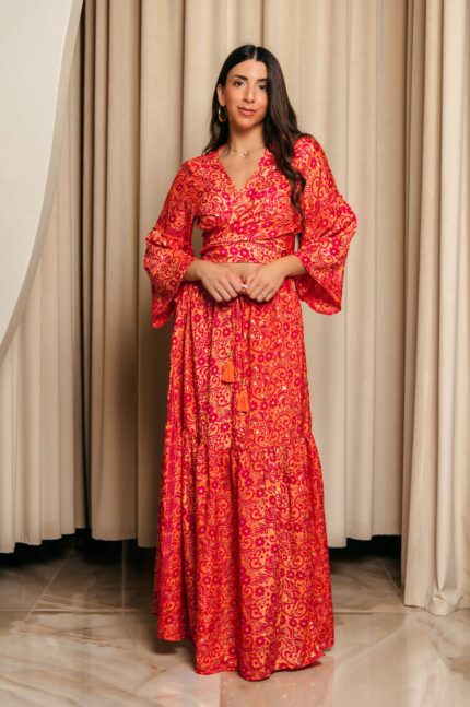 Σετ μπλούζα-φούστα με λαχούρ και χρυσοτυπία πορτοκαλί