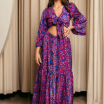 Σετ μπλούζα-φούστα με λαχούρ και χρυσοτυπία φουξ-μπλε