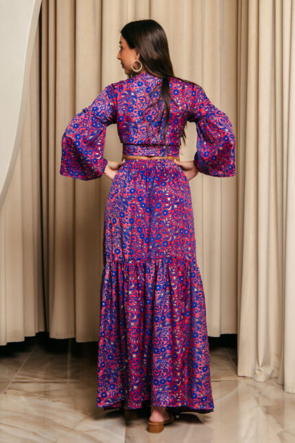 Σετ μπλούζα-φούστα με λαχούρ και χρυσοτυπία φουξ-μπλε