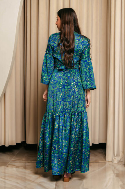 Σετ μπλούζα-φούστα με λαχούρ και χρυσοτυπία μπλε-πράσινο