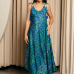 Φόρεμα maxi με λαχούρ και χρυσοτυπία πράσινο-μπλε
