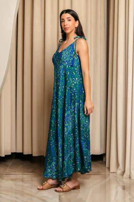 Φόρεμα maxi με λαχούρ και χρυσοτυπία πράσινο-μπλε