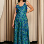 Φόρεμα maxi στράπλες με πιέτες midnight blue-πράσινο