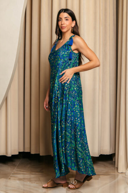 Φόρεμα maxi στράπλες με πιέτες midnight blue-πράσινο