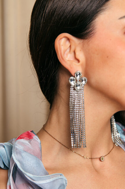 Σκουλαρίκια με κρυστάλλους και κρεμαστή βροχή ασημί