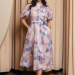 Φόρεμα maxi floral balloon μανίκια με στρας λιλά ροζ