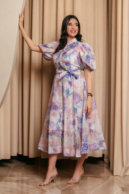 Φόρεμα maxi floral balloon μανίκια με στρας λιλά ροζ