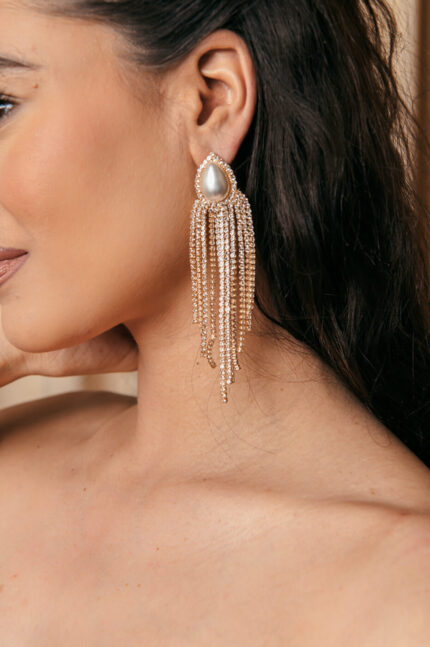 Σκουλαρίκια με πέρλα και κρεμαστή βροχή χρυσά