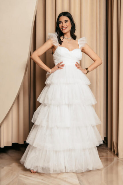 Φόρεμα maxi με τούλι και διαδοχικά βολάν λευκό