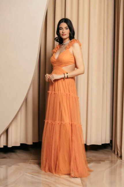 Φόρεμα maxi με τούλι και κρουαζέ ντεκολτέ με ανοιχτή πλάτη πορτοκαλί