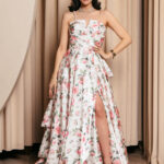 Φόρεμα maxi στράπλες λευκό floral με διαδοχικό βολάν