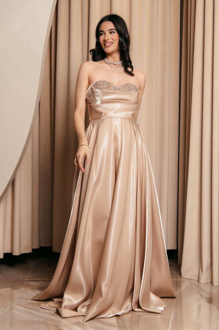 Φόρεμα Maxi Στραπλες Ταφτάς Γυαλιστερός με glitter στο μπούστο χρυσό-μπεζ