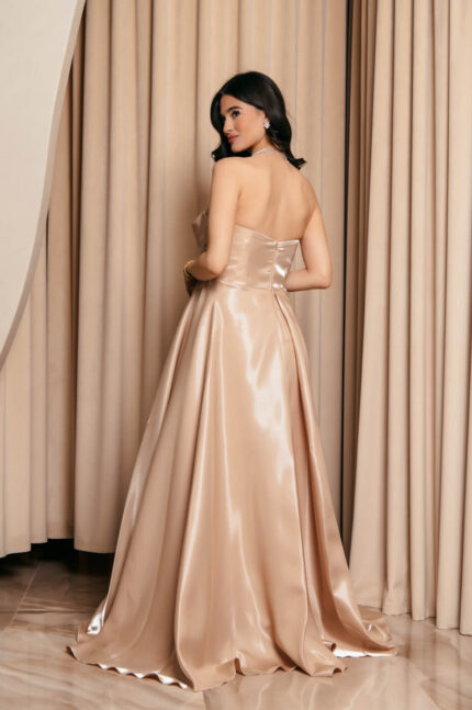 Φόρεμα Maxi Στραπλες Ταφτάς Γυαλιστερός με glitter στο μπούστο χρυσό-μπεζ