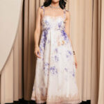 Φόρεμα midi με floral print εκρού και διακοσμητικά λουλούδια