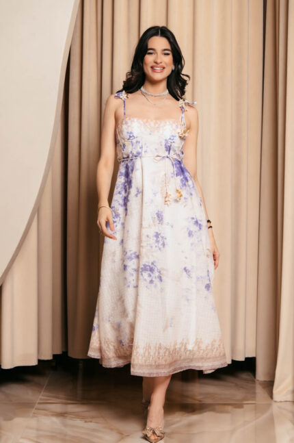 Φόρεμα midi με floral print εκρού και διακοσμητικά λουλούδια