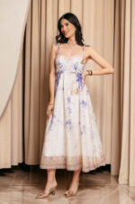 Φόρεμα midi με floral print εκρού και διακοσμητικά λουλούδια