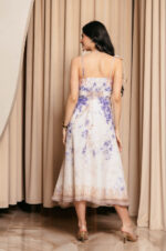 Φόρεμα midi με floral print εκρού και διακοσμητικά λουλούδια