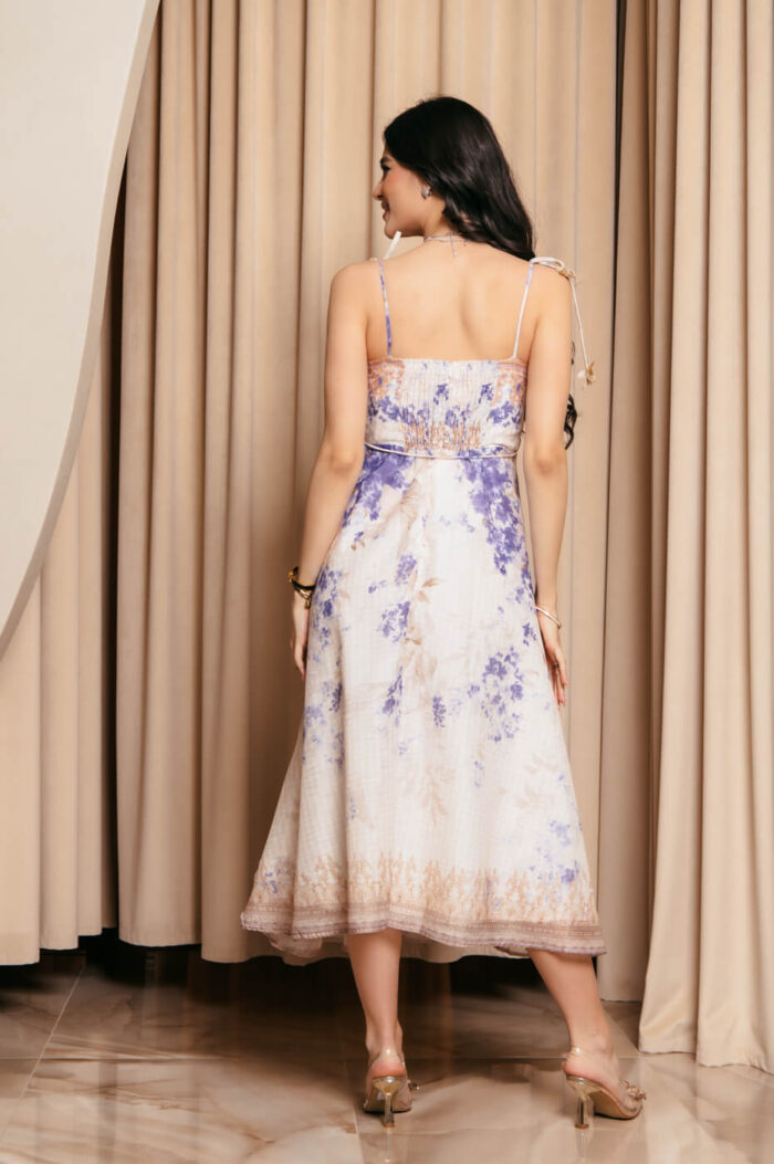 Φόρεμα midi με floral print εκρού και διακοσμητικά λουλούδια
