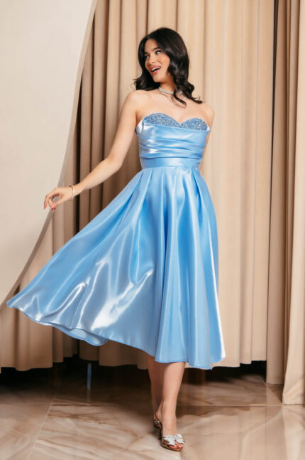 Φόρεμα Midi Στραπλες Ταφτάς Γυαλιστερός με glitter στο μπούστο baby blue