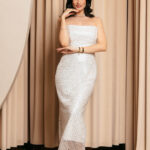 Φόρεμα Midi Στραπλες με Παγιέτες και Χάντρες Λευκό