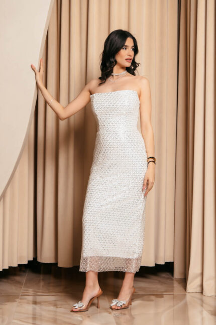 Φόρεμα Midi Στραπλες με Παγιέτες και Χάντρες Λευκό